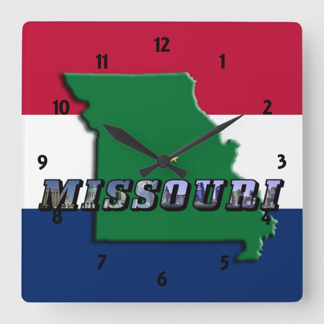 Missouri Map, Picture Text and State Flag Square Wall Clock (Front)