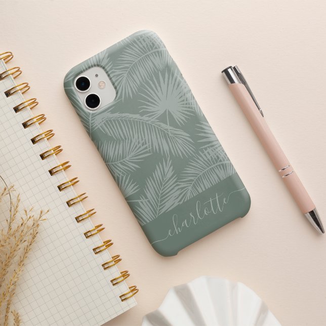 Mist Green Tropical Botanical Palm Leaves Pattern iPhone Case (Creator Uploaded)