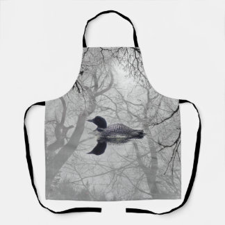 Mist trees black and white loon on a lake Apron