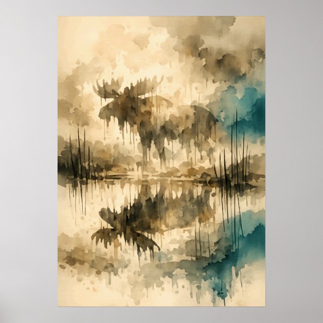 Misted Moose Reflection – Watercolor Art Poster (Front)