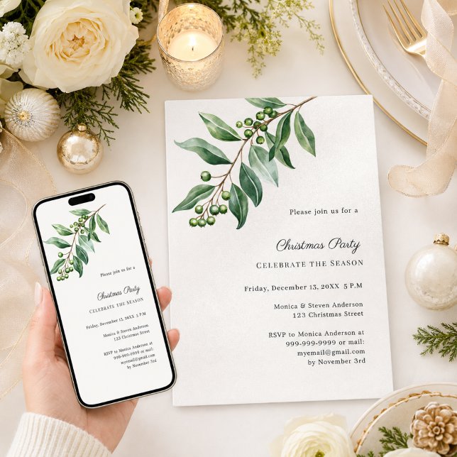 Misteltoe greenery ivory Christmas Party Invitation (Creator Uploaded)