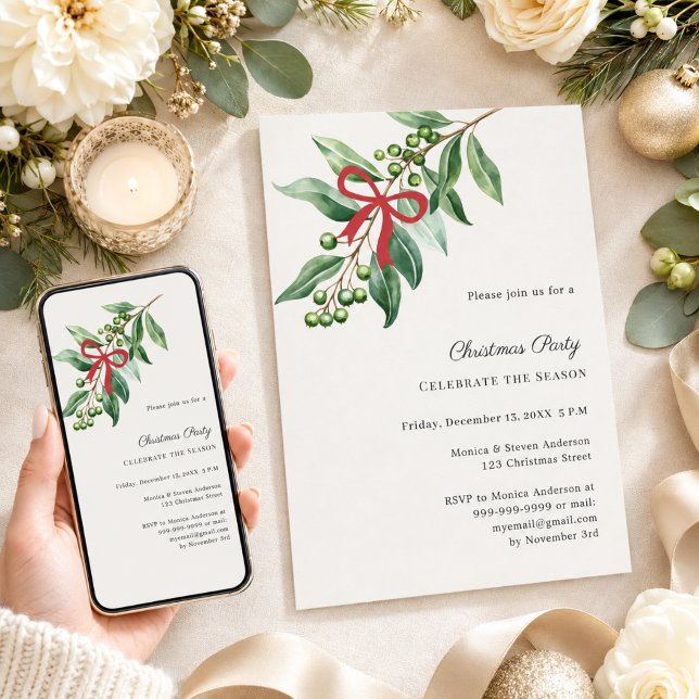 Misteltoe greenery red bow ivory Christmas Party Invitation (Creator Uploaded)
