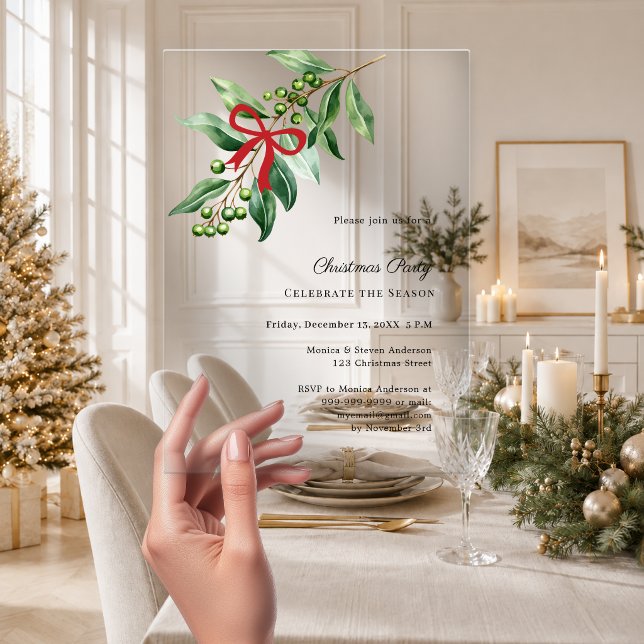 Misteltoe greenery red bow luxury Christmas Party Acrylic Invitations (Creator Uploaded)