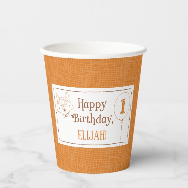 Mister Fox Orange White 1st Birthday Personalized  Paper Cups (Front)