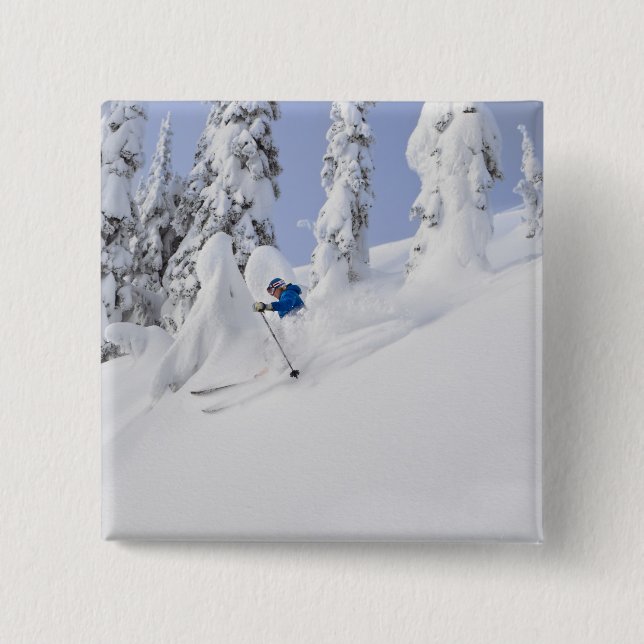 Mistie Fortin skis powder 2 Inch Square Button (Front)