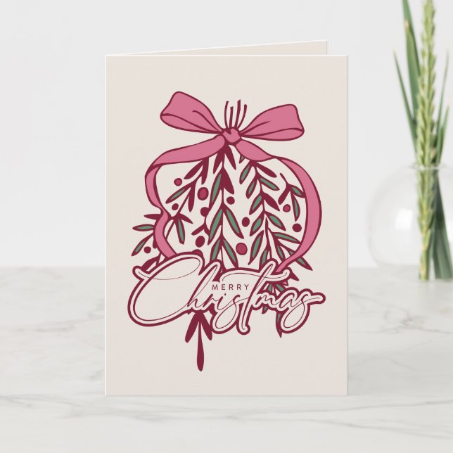 Mistletoe and Bow Illustration Merry Christmas  Card (Front)