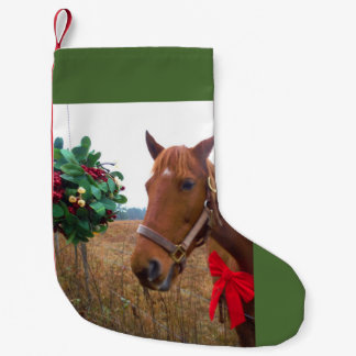 Mistletoe and brown horse red bow small christmas stocking