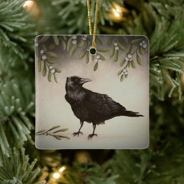 Mistletoe and Crow Ceramic Ornament (Tree)