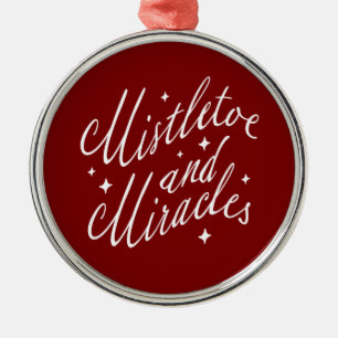 Mistletoe and Miracles Red & White Round Christmas Metal Ornament