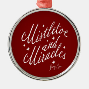Mistletoe and Miracles Red & White Round Christmas Metal Ornament