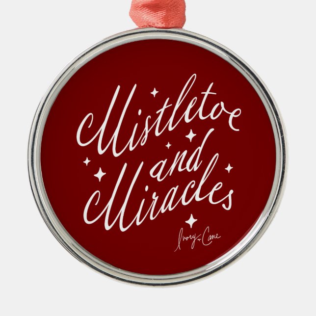 Mistletoe and Miracles Red & White Round Christmas Metal Ornament (Front)