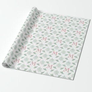 Mistletoe and Pine with Monogram Christmas Red Wrapping Paper