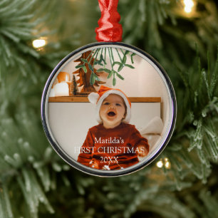 Mistletoe Baby's First Christmas Botanical Photo Metal Ornament