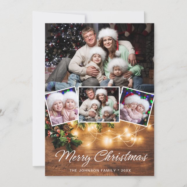 Mistletoe Branch Rustic 4 PHOTO Christmas Greeting Holiday Card (Front)