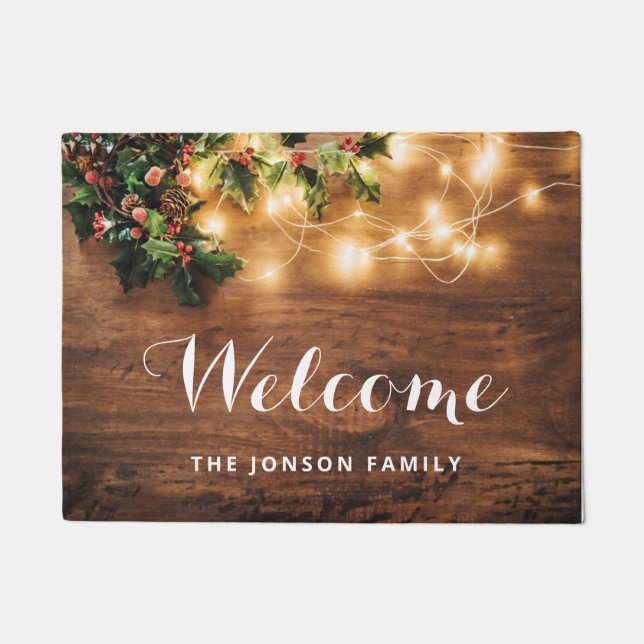 Mistletoe  Branch Rustic Wood Christmas Holidays Doormat (Front)