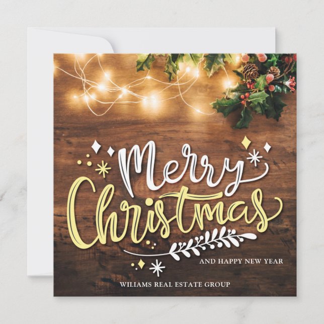Mistletoe Branch Wood Christmas Corporate Greeting Card (Front)