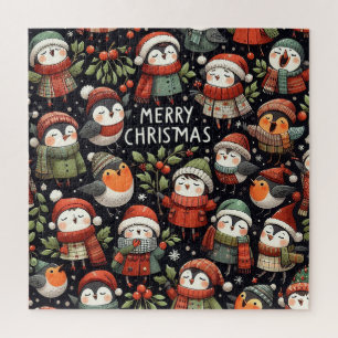 Mistletoe Christmas cute Penguin Carolers  Jigsaw Puzzle