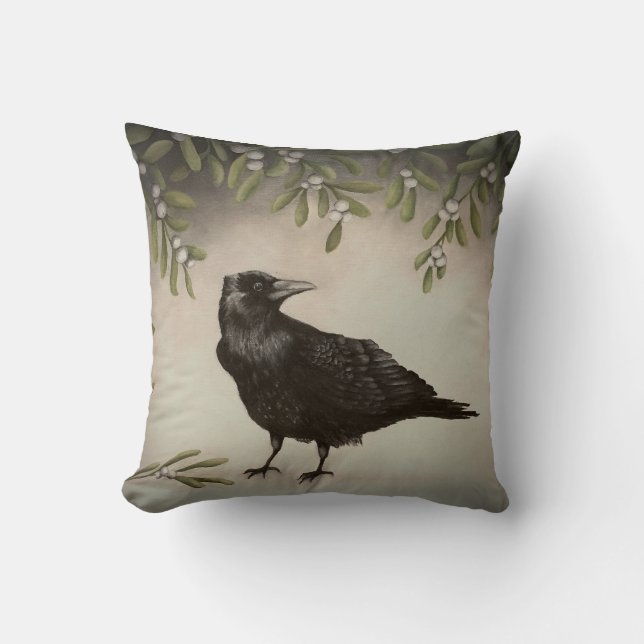 Mistletoe Crow Throw Pillow (Front)