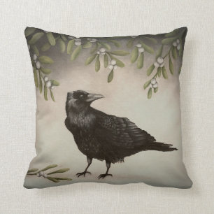 Mistletoe Crow Throw Pillow