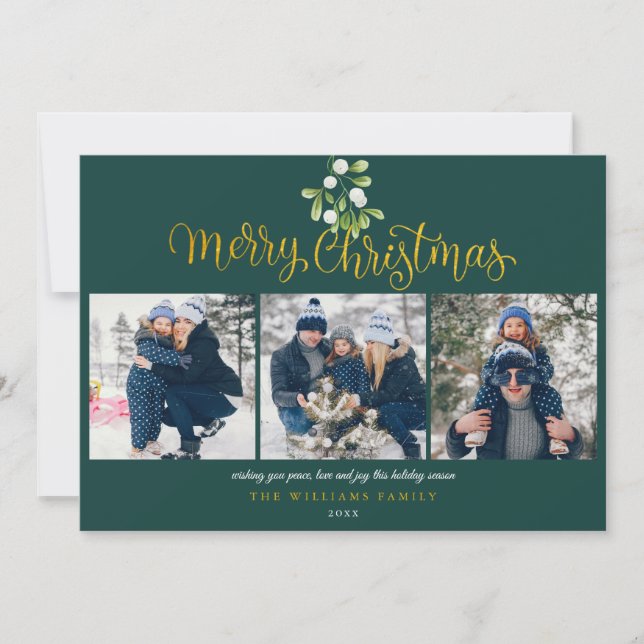 Mistletoe Gold Script Photo Collage Christmas Holiday Card (Front)