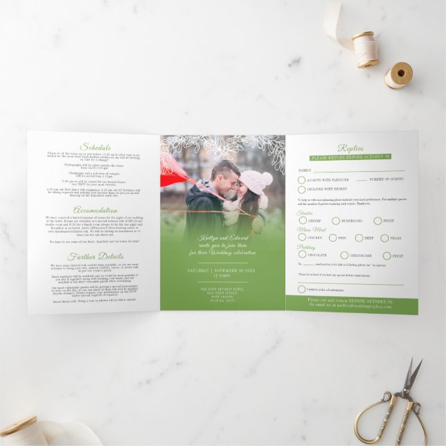 Mistletoe green white wedding meal option RSVP Tri Tri-Fold Invitation (Inside)