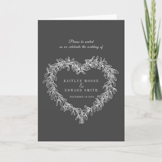 Mistletoe heart wreath dark grey white wedding program (Front)