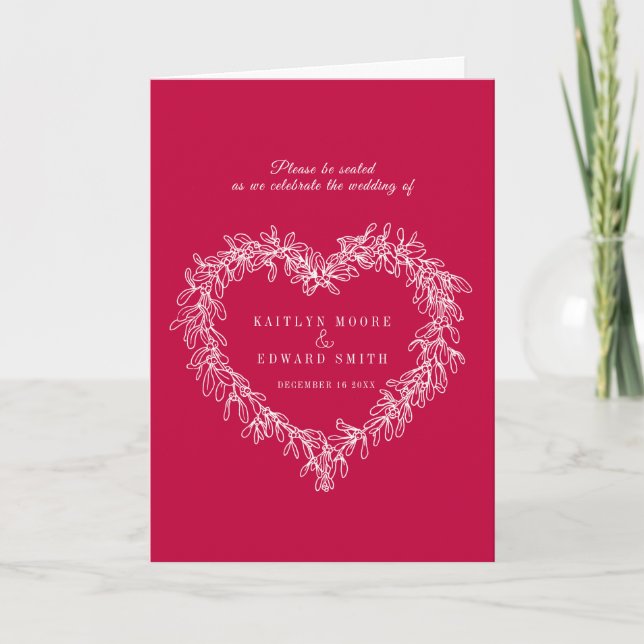 Mistletoe heart wreath red white wedding program (Front)