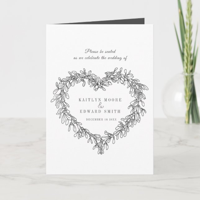 Mistletoe heart wreath white dark grey wedding  program (Front)