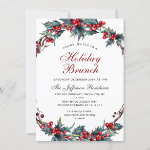 Mistletoe Holly Wreath Christmas Holiday Brunch Invitation
