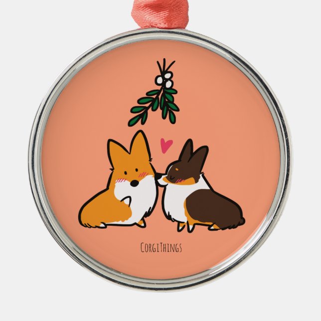 Mistletoe Kiss Corgi Ornament (Front)