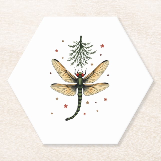 Mistletoe Kiss Dragonfly Paper Coaster (Front)