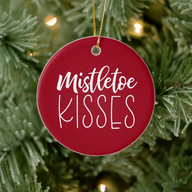 Mistletoe Kisses Red Christmas Ceramic Ornament (Tree)