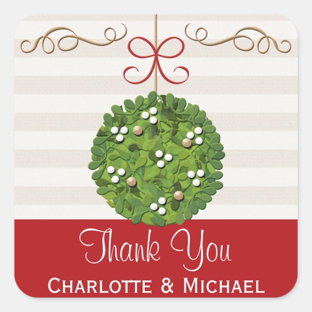Mistletoe Kissing Ball Thank You Square Sticker (Front)