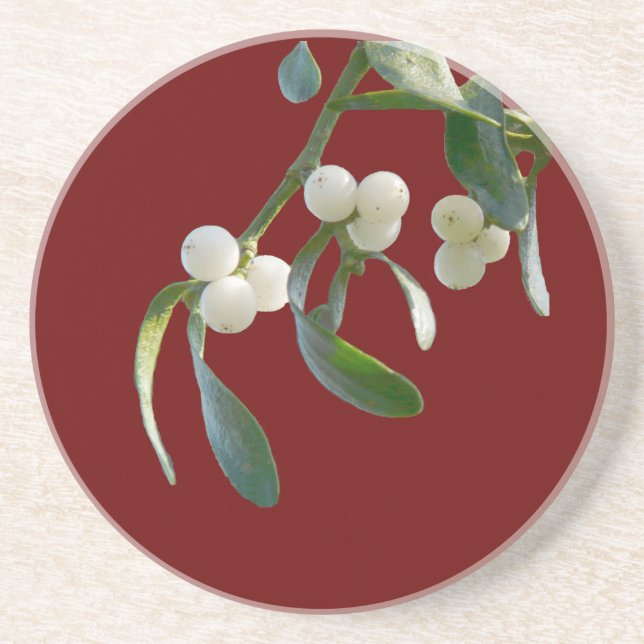 Mistletoe leaves and berries, burgundy background coaster (Front)