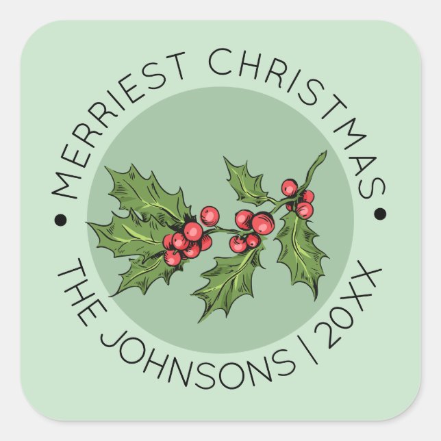 Mistletoe Light Green Merriest Christmas Holiday Square Sticker (Front)