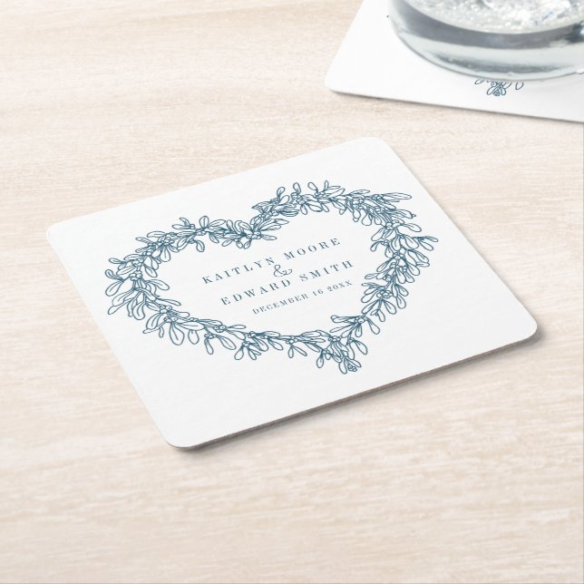 Mistletoe line art blue white winter wedding square paper coaster (Angled)