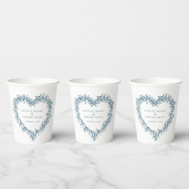 Mistletoe line art blue winter wedding custom  paper cups (Multi)