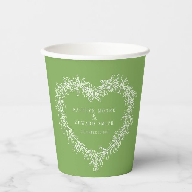 Mistletoe line art green wedding custom photo paper cups (Front)