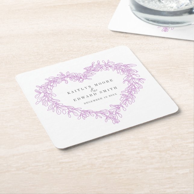 Mistletoe line art purple winter wedding custom square paper coaster (Angled)