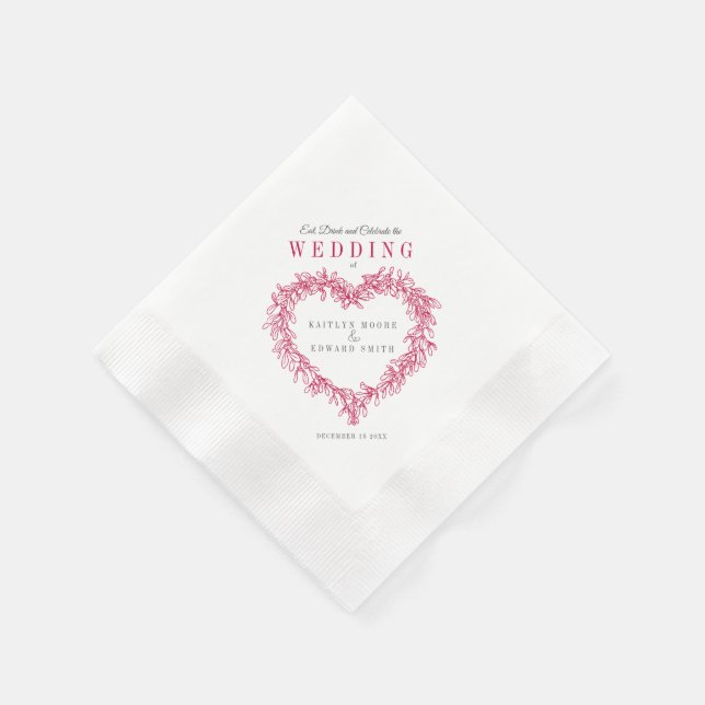 Mistletoe line art red  white wedding custom napkin (Corner)