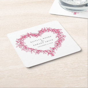 Mistletoe line art red white winter wedding custom square paper coaster