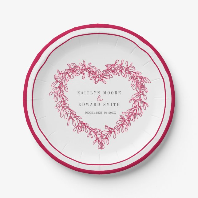Mistletoe line art red white winter wedding paper plate (Front)