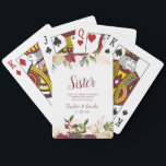 Mistletoe Manor Sister Maid of Honour Personalized Playing Cards<br><div class="desc">Mistletoe Manor Watercolor Lush Winter Roses Design with Hand Painted Florals, Holly Berry Leaves, Pine Sprig Foliage, and Watercolor Paint Brush Strokes. Colourful Marsala, Wine Merlot Red, Burgundy, Ivory Cream, and Green. With Swirly Chic Typography Brush Script Fonts and Elegant Floral Border - Sister Maid of Honour Heartfelt Quote Keepsake...</div>