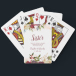 Mistletoe Manor Sister Maid of Honour Personalized Playing Cards<br><div class="desc">Mistletoe Manor Watercolor Lush Winter Roses Design with Hand Painted Florals, Holly Berry Leaves, Pine Sprig Foliage, and Watercolor Paint Brush Strokes. Colourful Marsala, Wine Merlot Red, Burgundy, Ivory Cream, and Green. With Swirly Chic Typography Brush Script Fonts and Elegant Floral Border - Sister Maid of Honour Heartfelt Quote Keepsake...</div>