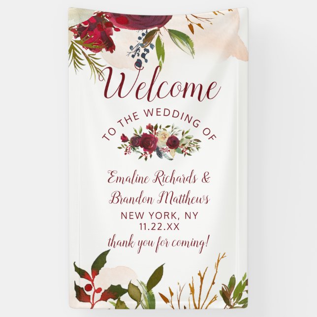 Mistletoe Manor Watercolor Floral Wedding Welcome Banner (Vertical)
