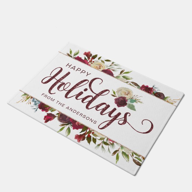 Mistletoe Manor Watercolor Roses Happy Holidays Doormat (Angled)