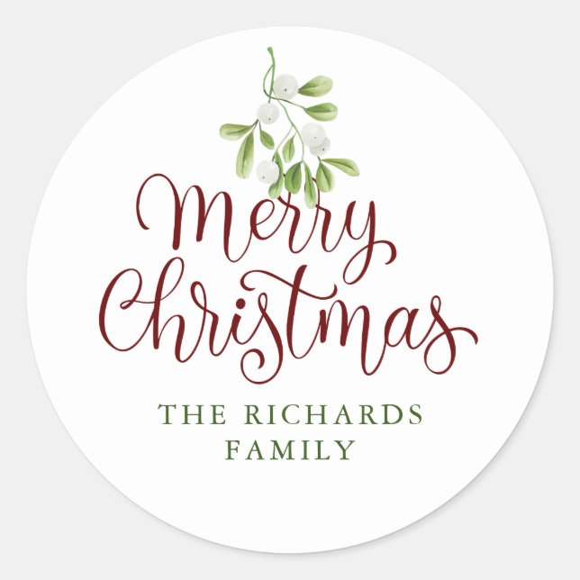 Mistletoe Merry Christmas Personalized Family Name Classic Round Sticker (Front)
