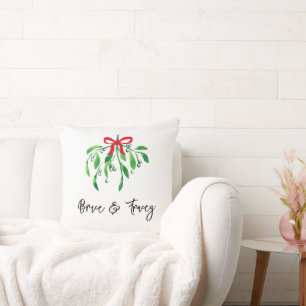 Mistletoe NAME & NAME Year Festive Red Green Kiss Throw Pillow