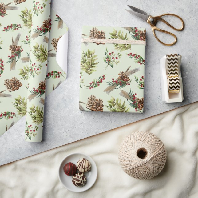 Mistletoe Pine Green Leaves Christmas Winter Wrapping Paper (Crafts)