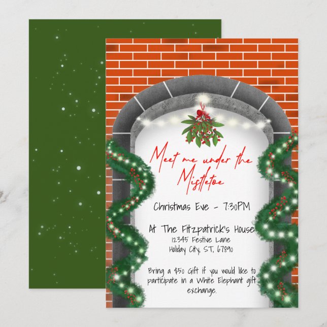 Mistletoe Red Brick Home Porch Holiday Invitation  (Front/Back)